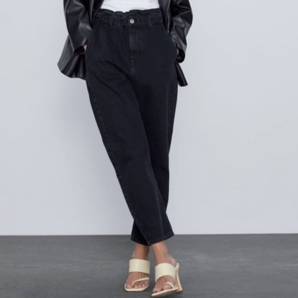 Zara Baggy Paper Bag High Waist Jeans Black Size 6/28